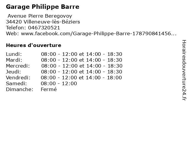 Garage Philippe Barre à Villeneuve-lès-Béziers: adresse et heures d'ouverture