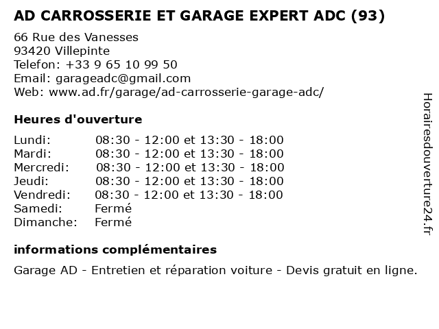 AD CARROSSERIE ET GARAGE EXPERT ADC (93) à Villepinte: adresse et heures d'ouverture