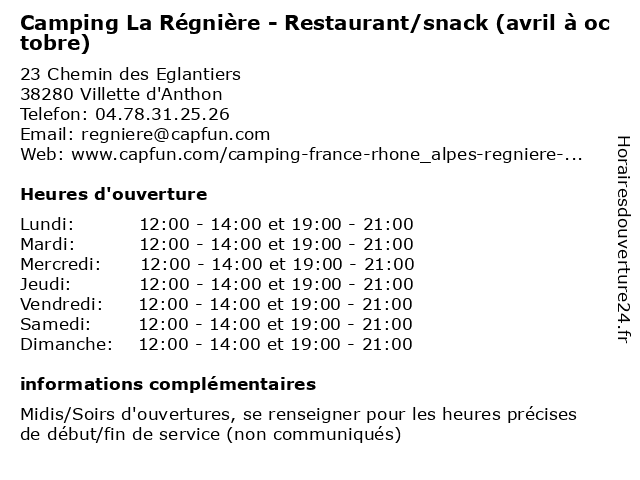 Camping La Régnière - Restaurant/snack (avril à octobre) à Villette d'Anthon: adresse et heures d'ouverture