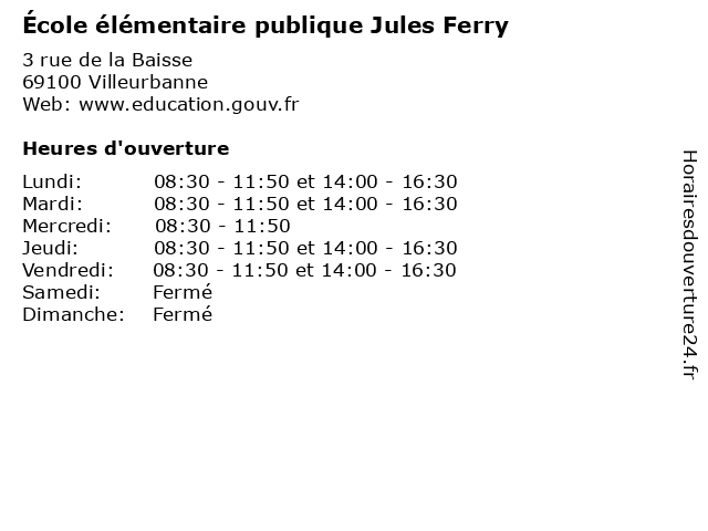 École élémentaire publique Jules Ferry à Villeurbanne: adresse et heures d'ouverture