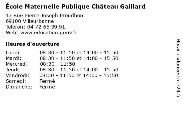 École Maternelle Publique Château Gaillard à Villeurbanne: adresse et heures d'ouverture