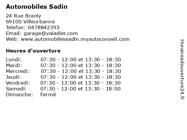 Automobiles Sadin à Villeurbanne: adresse et heures d'ouverture