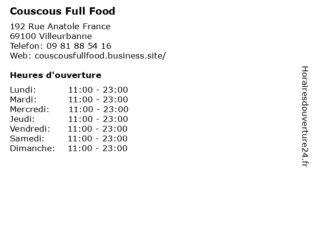 Couscous Full Food à Villeurbanne: adresse et heures d'ouverture