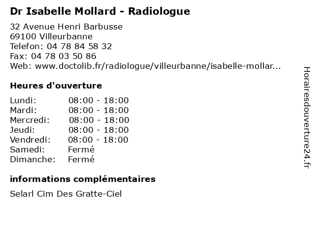 Dr Isabelle Mollard - Radiologue à Villeurbanne: adresse et heures d'ouverture