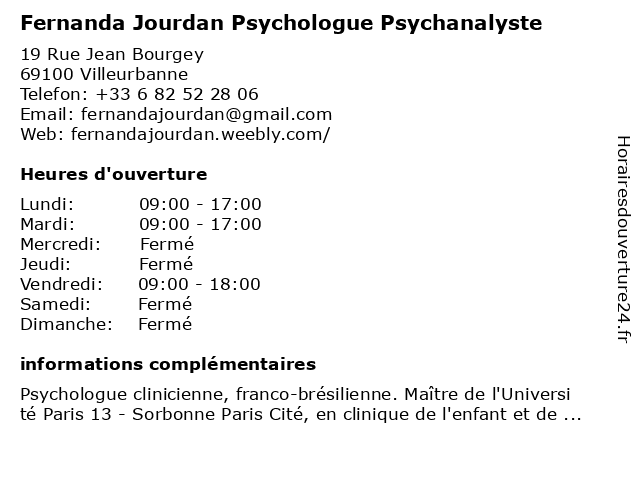 Fernanda Jourdan Psychologue Psychanalyste à Villeurbanne: adresse et heures d'ouverture