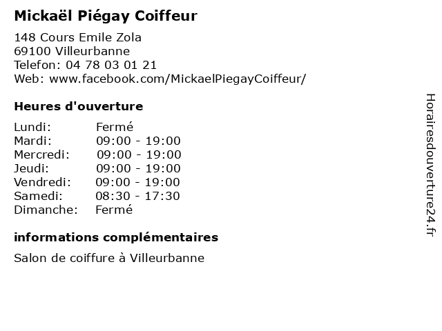 Mickaël Piégay Coiffeur à Villeurbanne: adresse et heures d'ouverture
