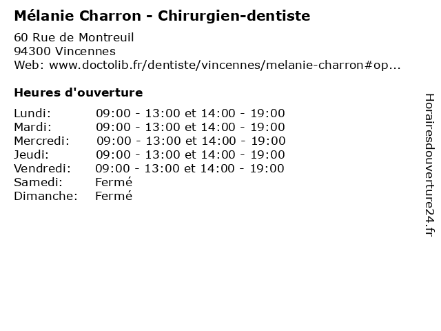 Mélanie Charron - Chirurgien-dentiste à Vincennes: adresse et heures d'ouverture