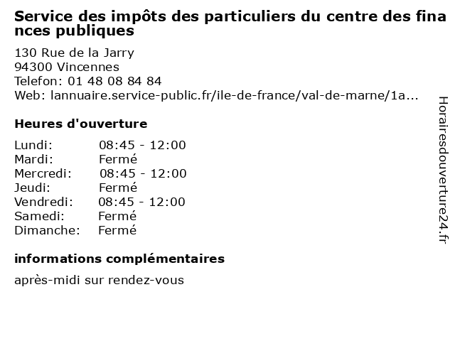 Service des impôts des particuliers du centre des finances publiques à Vincennes: adresse et heures d'ouverture