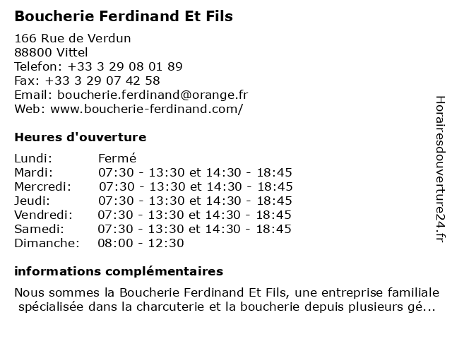 Boucherie Ferdinand Et Fils à Vittel: adresse et heures d'ouverture
