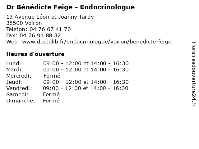 Dr Bénédicte Feige - Endocrinologue à Voiron: adresse et heures d'ouverture