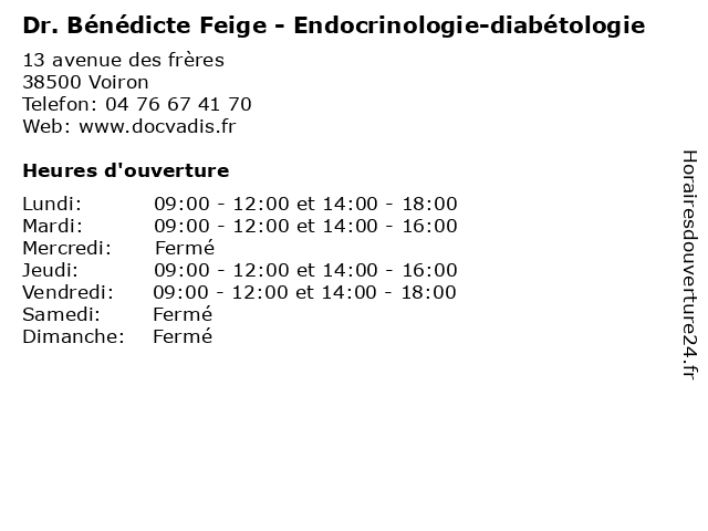 Dr. Bénédicte Feige - Endocrinologie-diabétologie à Voiron: adresse et heures d'ouverture