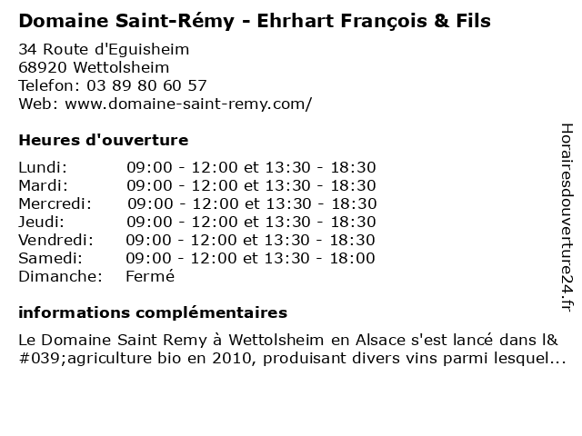 Domaine Saint-Rémy - Ehrhart François & Fils à Wettolsheim: adresse et heures d'ouverture