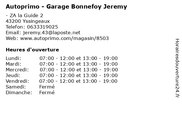 Autoprimo - Garage Bonnefoy Jeremy à Yssingeaux: adresse et heures d'ouverture
